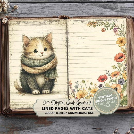 Cat Junk Journal Kit: Vintage Lined Pages (digital Download) - Etsy