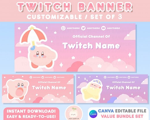 Cute Custom Twitch Banner Template BUNDLE Set of 3 | CANVA File | Customizable   Editable |pink Purple Kawaii Aesthetic | for Stream Profile - Etsy