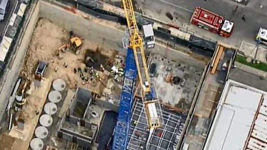 Crane drops concrete on workers at Box Hill, killing one and injuring others.