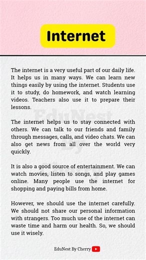 Paragraph on internet | Internet | Internet Essay | Essay #EduNestByCherry #shorts