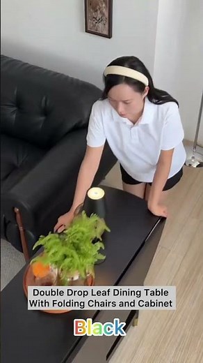 Double Drop Leaf Dining Table with Folding Chairs and Cabinet Black