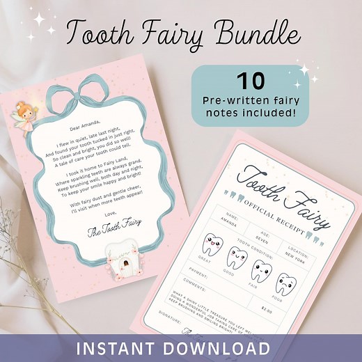 Tooth Fairy Letter and Receipt Printable Kit With Envelope Template and 10 Prewritten Notes Editable Last Minute Tooth Fairy Idea for Kids - Etsy