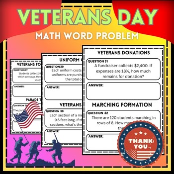 Veterans Day Math Word Problems Workbook | Grades 2–8 | 40 Patriotic Worksheets