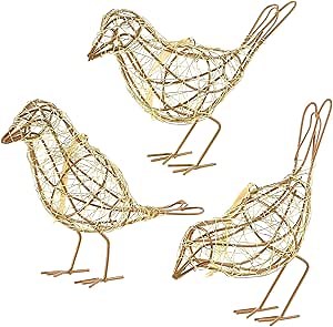 Artisan Bird Statues Trio - Christmas Ornament - Table Decor Handmade Gold-Wire Woven - Modern Farmhouse Shelf Decor with Hanging Chain, Multi-Pose Metal Bird Figurines for Home Office