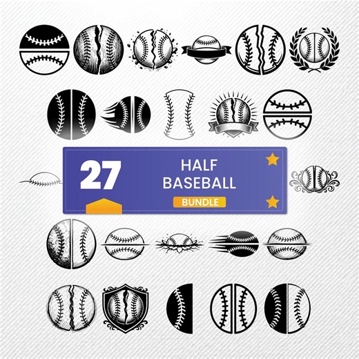 Half Baseball SVG Clipart Bundle | 27 Vector Designs PNG PDF Eps Dxf | Silhouette Graphics for Prints & Crafts - Etsy