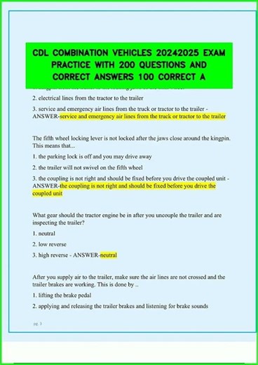 CDL COMBINATION VEHICLES 20242025 EXAM PRACTICE WITH 200 QUESTIONS AND CORRECT ANSWERS 100 CORRECT A