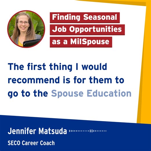1.1K views | SECO career coach Jennifer Matsuda says it best ⬇️. If you're interested in learning more about the benefits of seasonal roles and where to look for legit opportunities, this podcast episode is a great place to start : https://www.militaryonesource.mil/resources/podcasts/military-onesource/finding-seasonal-job-opportunities/ | Spouse Education and Career Opportunities Program - SECO | Facebook