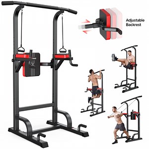 LNOW Multifunction Power Tower Pull up Bar Dip Station Power Rack with Adjustable Backrest for Home Gym Strength Training Workout Equipment Max Weight 480lbs