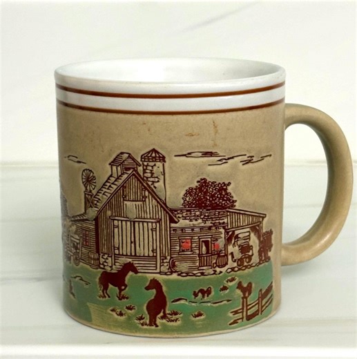 Vintage Raised Farm Scene Coffee Mug - Etsy
