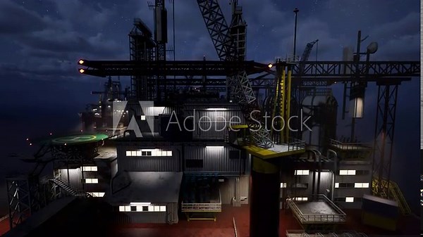 Offshore platform conducting petroleum extraction late at night while reducing environmental impact. Industrial drilling rig in dark sea following pollution regulations to protect marine ecosystem