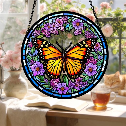 Monarch Butterfly Stained Glass Suncatcher, Window Hanging Art, Nature Floral Suncatcher, Mother’s Day Gift - Etsy