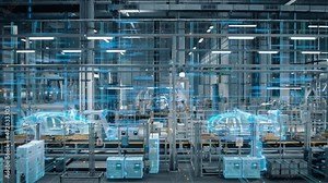 Side-View Car Factory Digitalization: Automated Robot Arm Assembly Line Manufacturing High-Tech Sustainable Electric Vehicles. Futuristic AI Computer Vision Analyzing, Scanning Production Efficiency