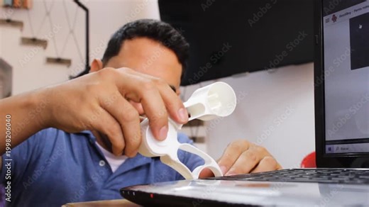 A Colombian professor is explaining the use of a robotic component to a young student using wireless headphones in a laboratory in Neiva, Huila, Colombia. Concept of education and communication