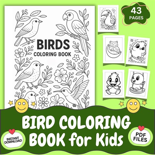 Kids Activity Printable: Bird Coloring Book, 43 Pages Cute Animal Coloring Pages PDF (digital Download) - Etsy