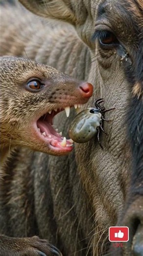 Why Does This Wildebeest Trust a Tiny Mongoose? 🤯🐃 #Mongoose #Wildebeest #Shorts