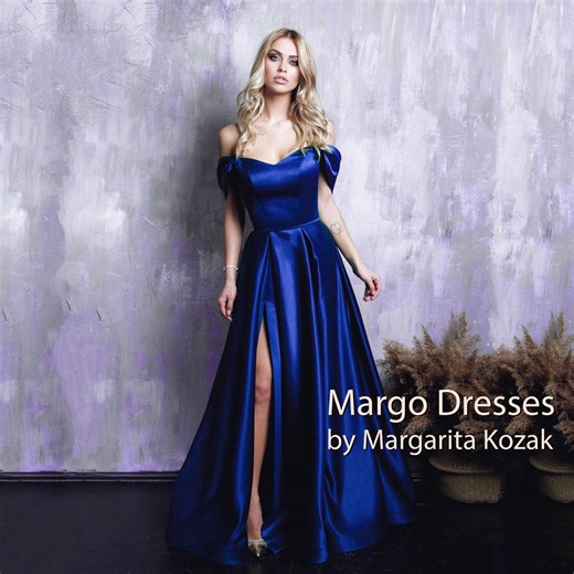 Blue Satin Prom Dress: Corset Lace-up Evening Gown, High Slit - Etsy