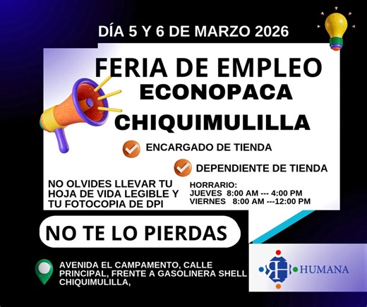 ¡Feria de empleo no te lo pierdas! Si estás en búsqueda o conoces a alguien que quiera crecer profesionalmente, esta puede ser la oportunidad ideal. ¡prepárate y postúlate! Puedes aplicar por medio de nuestro link https://rhtalento.com/ o bien a nuestro WhatsApp 3912-1814 5044-9901 5775-3645 o al correo: reclutamientohumanarh@gmail.com. | Humana RH