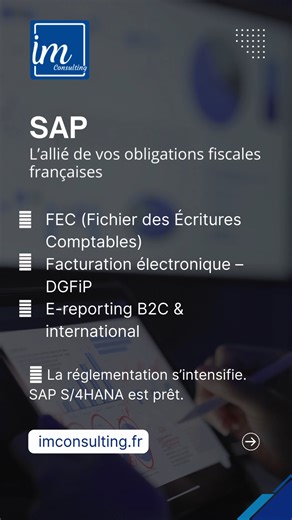 IM Consulting on Instagram: "La conformité fiscale française n’est plus un sujet à traiter “plus tard”. Avec SAP S/4HANA, vous disposez d’un socle robuste et pérenne : ✅ FEC natif conforme aux exigences de la DGFiP ✅ SAP Document and Reporting Compliance (DRC) pour e-invoicing & e-reporting ✅ Interfaçage possible avec les PDP immatriculés 🧩 Suivi centralisé des statuts, erreurs et rejets 🎯 Être conforme, c’est bien. Être conforme efficacement et durablement, c’est stratégique. 👉 En savoir plu