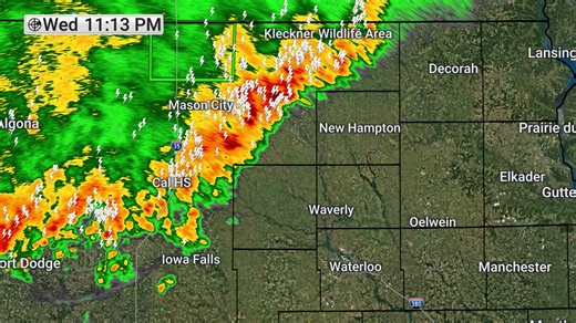 RADAR UPDATE at 11:13 PM: A line of storms continues to move east with heavy rain and lots of lightning. The strongest storms could produce 40-50 mph gusts. At 10:35 PM there was a 49 mph gust in Clarion (NW of Iowa Falls). Meteorologist Mark Schnackenberg | KWWL Storm Track 7
