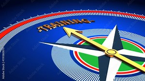 Golden compass arrow pointing on word training. Computer generated 3d animation full HD video