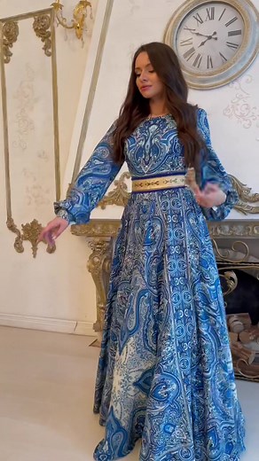 Elegant Blue Patterned Dress Showcase in Luxurious Room