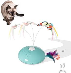 Potaroma Cat Toys, 4-in-1 Rechargeable Interactive Kitten Toy, Fluttering Butterfly, Moving Wheels, Natural Feather and Sparkling Lights, Indoor Exercise Cat Kicker Toys 1.8" Height (Blue)