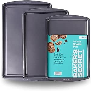 Baker's Secret Set of 3 Cookie Sheets, 15" 17" 19", Nonstick Coating for Easy Release, Cookie Trays for Baking Roasting Cooking, Dishwasher Safe Premium Non-stick Coating Home Baking Supplies