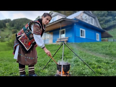 MARIA LIVES ALONE IN THE MOUNTAINS. COOKING LUNCH ON THE CAMPFIRE