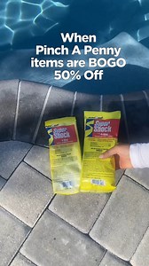 3.2K views · 9 comments | Double the fun, half the cost 朗! Get BOGO 50% off select pool chemicals from NOW until MARCH 30th including: ✅ Premium Pool Salt 40 LBs ✅ All in One Algaecide Qt ✅ Suncoast Super Shock 4-Way 1 LB ✅ Suncoast Gold Liquid Chlorine Refills | Pinch A Penny Pool Patio Spa | Facebook