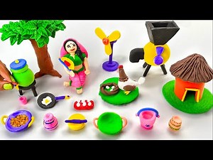 DIY How to make polymer clay miniature Village House, Kitchen Set, flour mill, table fan, doll