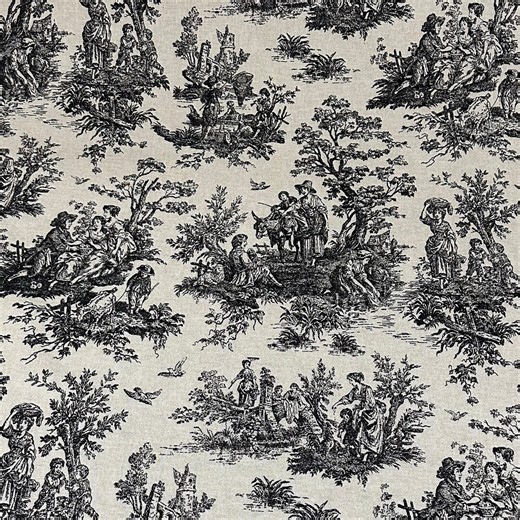 Toile Fabric French Country Black Linen Base Textile Cream Cafe Curtain Panel Yardage Hobbit Fabric Grandmacore Textile Vintage Inspired - Etsy