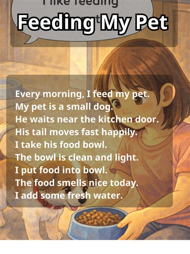 Feeding My Pet | Lean English through the short story ================ Feeding My Pet | Easy English Story (A1) In this video, you will watch a simple English story about feeding a pet at home. The words are easy. The sentences are short. The story is warm and lovely 💛 🥣 Prepare the food 🐾 Feed the pet 😊 Watch and smile ❤️ Show love and care Perfect for: ✅ English beginners (A1) ✅ Listening practice ✅ Speaking confidence practice 🎧 Listen carefully. 🗣️ Repeat after me. 📖 Learn English thr