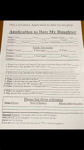 My dad made my first boyfriend in high school fill this “Application to Date my Daughter” out. The other day when I was sorting through some old paperwork, I found it so I shared it online. I had a few strangers from online fill it out and email it back to us … dad wasn’t too happy about it 😂😭 | Sharnie Fenn
