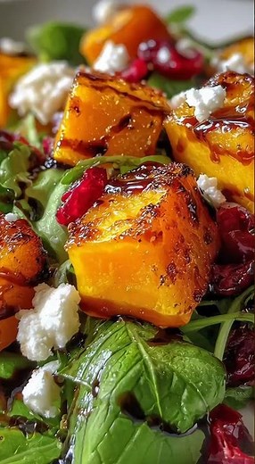 ROASTED BUTTERNUT SQUASH SALAD WITH CRANBERRIES, FETA & BALSAMIC GLAZE #recipe #cooking