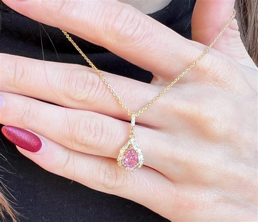 14K Gold Plated Pink Birthstone Necklace – Teardrop Pendant With Moissanite Halo - Etsy