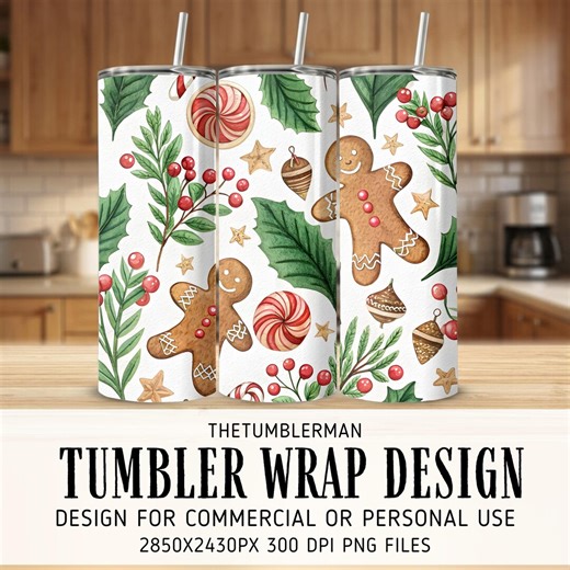Christmas Tumbler, Digital Pattern, Holiday, Gingerbread Man, Holly, Candy, Berries, Watercolor Festive Design, Seamless Repeat Pattern, Png - Etsy Canada