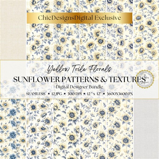Yellow Sunflower Patterns & Linen Textures: Floral Toile Digital Papers, Seamless Backgrounds for Journaling, Scrapbooking and Crafting - Etsy