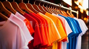 Organized Color Spectrum: Smooth and Lightweight T-Shirts Hanging on Wooden Hangers in a Gradual Transition from White to Bold Colors, with Warm Lighting