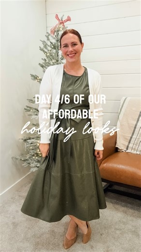 abby + amy in real life on Instagram: "✨ day 4 of 6: affordable festive outfits ✨ comment DRESS and i’ll send you the links! 🎄💌 Today’s look is the cutest (and softest) faux leather dress that actually works with the new garments! I layered a cozy sweater on top to stay warm and added simple heels to dress it up just enough. Easy, modest, and perfect for any holiday event on your calendar. #holidayoutfitinspo #modestfashionfinds #affordablestyle #christmasoutfits #festivefits #momstyle #dressy
