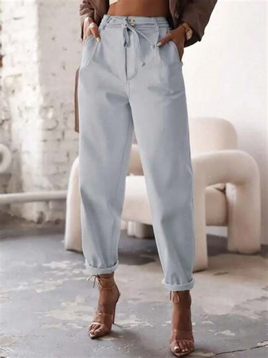 Women's Solid Color Pleated Pocket Casual Tapered Pants Spring | SHEIN