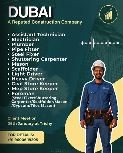 Dubai Construction Jobs | Technicians, Drivers & Foreman | Trichy Client Meet 🇦🇪