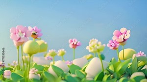 3d Animation cartoon happy spring flowers in blue sky. Fresh Green grass and pastel summer spring landscape Animated background colorful spring flowers. Colorful summer garden with sunlight shining 4k Stock Video