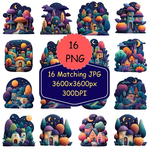 Starry Night Cottage Clipart Bundle, Whimsical 3D Felt Art PNG Graphics (digital Download) - Etsy UK