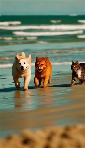 Cats and dog on the beach