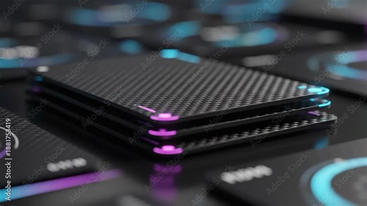 dark UI cards with glow. Close-up view of dark mode UI cards with subtle glowing accents, emphasizing depth, contrast, and clarity.