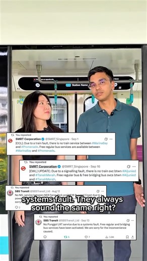 Land Transport Authority on Instagram: "😩 Your fault, my fault, whose fault? ⚙️🚇 Previously, we explored how thousands of components, from tracks and trains to power and signalling systems, work together to keep you moving across Singapore smoothly. But what happens when they don’t? ⚠️ Watch as we break down the different types of rail faults and what they really mean! Stay tuned for Part 2 next week! #BetterJourneys #ReliabilityIsAJourney #ThereRailBeMore #TowardsReliableRides"