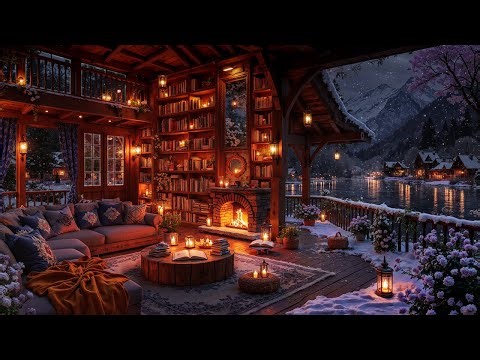 Winter Ambience & Fireplace Glow Reading Nook 🔥 Gentle Jazz & Snowy Mountain Porch with Wind Sounds