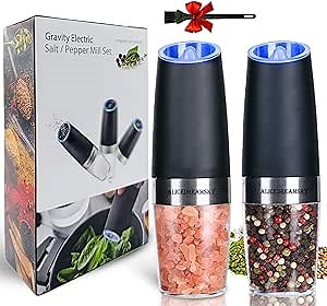 2 Pack Gravity Electric Salt and Pepper Grinder Set Automatic Battery Powered Salt Mill, Adjustable Coarseness, with Blue LED Light, One Hand Operated