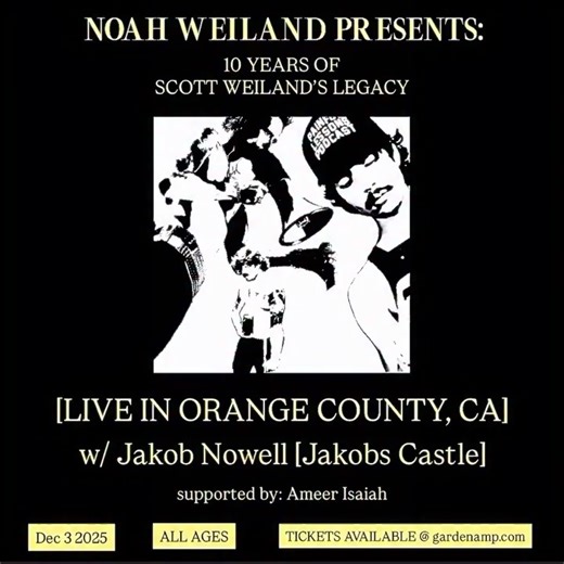 On December 3, the 10th anniversary of Scott Weiland’s passing, his son Noah Weiland will take the stage in Orange County, California, for a special tribute performance honoring Scott. The show will feature Scott’s most iconic songs and a few deeper cuts, celebrating his timeless influence and enduring legacy. Joining Noah for the evening is Jakob Nowell, son of Sublime’s late frontman Bradley Nowell. Tickets are available now at gardenamp.com | Scott Weiland