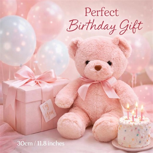 Cute Pink Teddy Bear Plush 30cm – Soft Stuffed Animal Toy, Birthday Gift for Girls, Kids Plush Doll